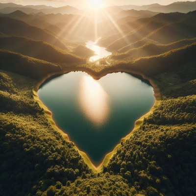 Heart-shaped lake at sunset
