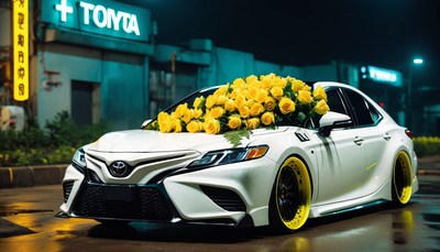 White car decorated with yellow flowers