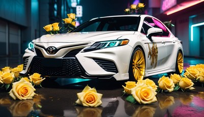 White sedan with yellow flowers