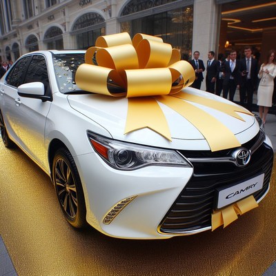 White camry car with gold bow