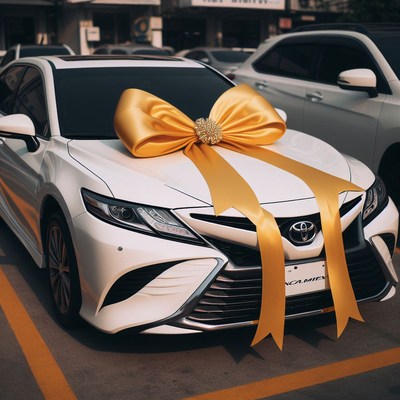 White sedan with gold bow