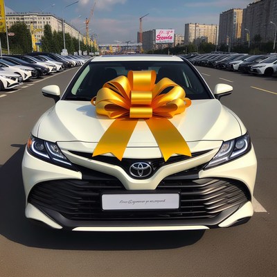New white car with gold bow