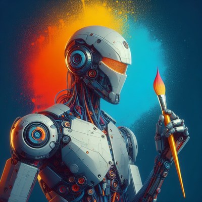 Robot artist holding paintbrush