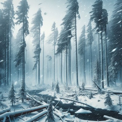 Winter storm in a pine forest