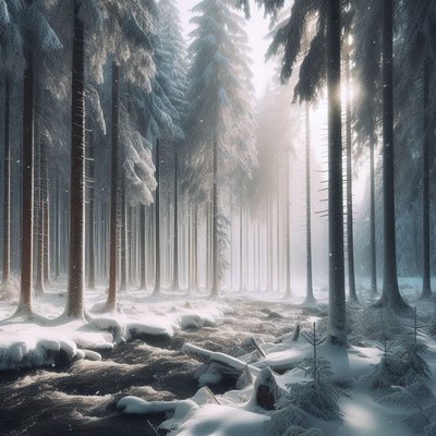 Snowy forest stream in winter