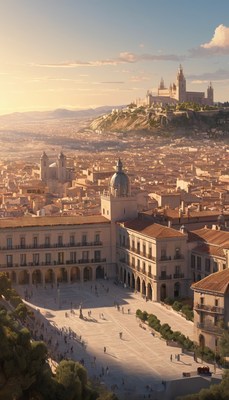 Spanish city square at sunset