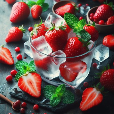 Strawberries and ice in a glass bowl