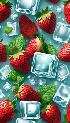 Strawberries and ice cubes on blue background