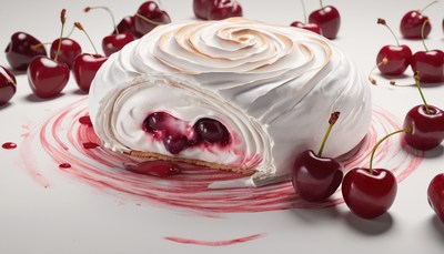 Cherry meringue cake with red drizzle