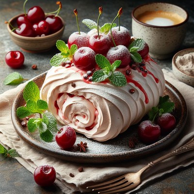 Cherry meringue roll dessert
