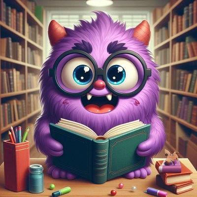 Purple monster reading in library