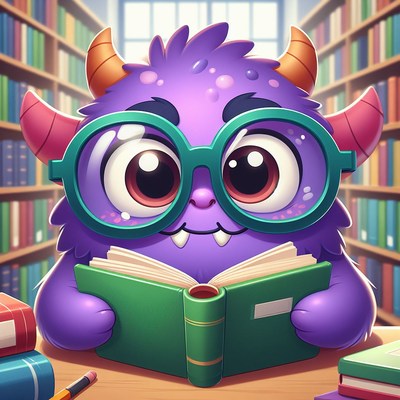 Purple monster reading in library
