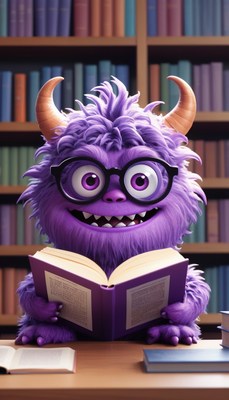 Purple monster reading book in library