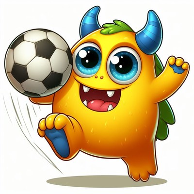 Happy monster kicking soccer ball