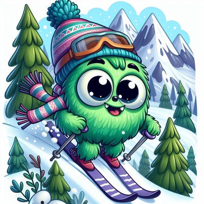 Fuzzy monster skiing down snowy mountain