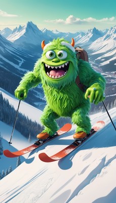 Green monster skiing down mountain