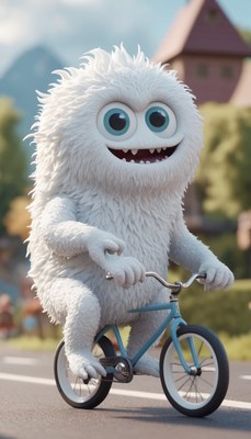Smiling yeti riding bicycle