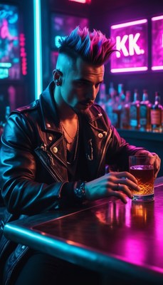 Man with blue and pink hair drinks at bar