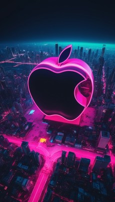 Neon apple over city at night