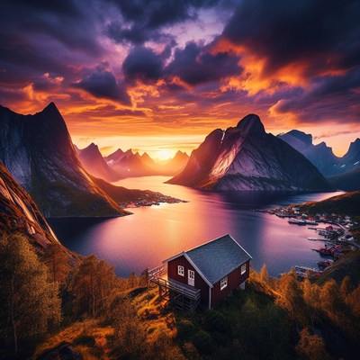 Mountain cabin sunset