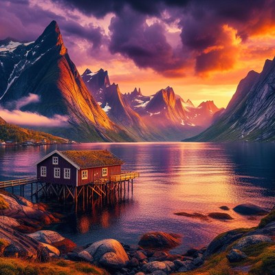 Mountain cabin sunset over fjord