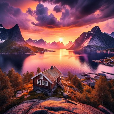 Sunset over lofoten islands cabin