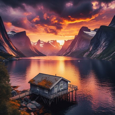 Cabin sunset in norwegian fjord
