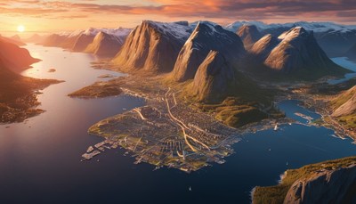Aerial view of sunset over lofoten islands