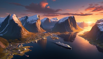 Cruise ship in norwegian fjord at sunset