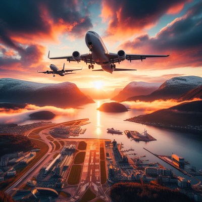 Airplanes taking off at sunset