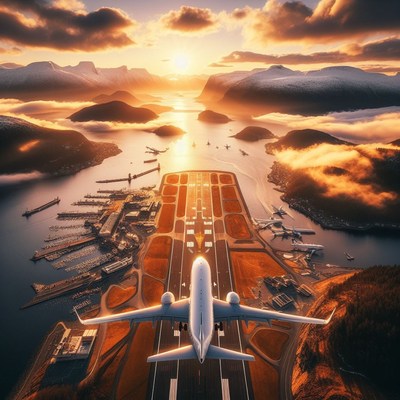 Airplane taking off at sunrise