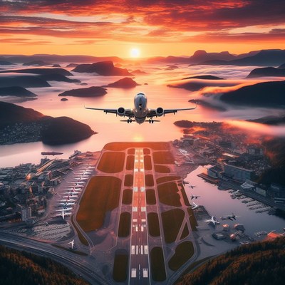 Airplane taking off at sunset