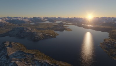 Sunset over mountain lake