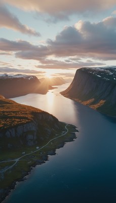 Sunset over fjord in norway