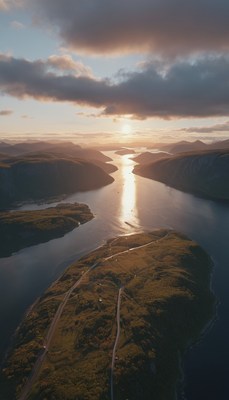Sunset over coastal inlet with road
