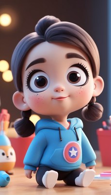 Smiling cartoon girl in blue hoodie