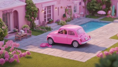 Pink car pulling up to pink house