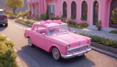 Pink car on a sunny street