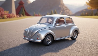 Silver beetle on road