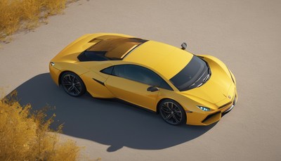 Yellow sports car parked on sandy ground
