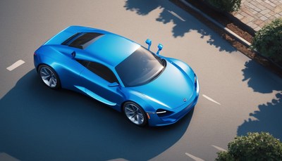 Blue sports car driving on a city street