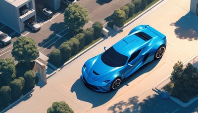 Blue sports car on city street