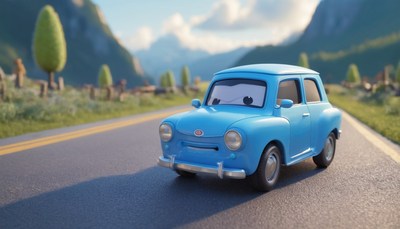 Blue car driving on mountain road