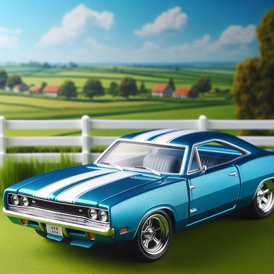 Blue muscle car in countryside