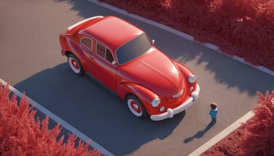 Red car and boy on road