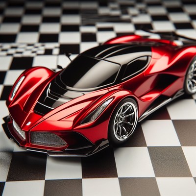 Red sports car on checkered floor