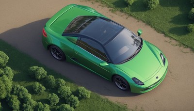 Green sports car on a gravel road