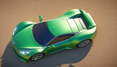 Green sports car on sand