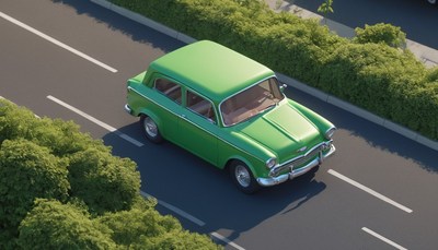 Green car driving on road