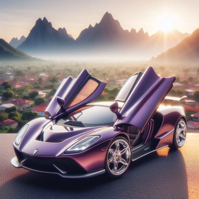 Purple sports car at sunset